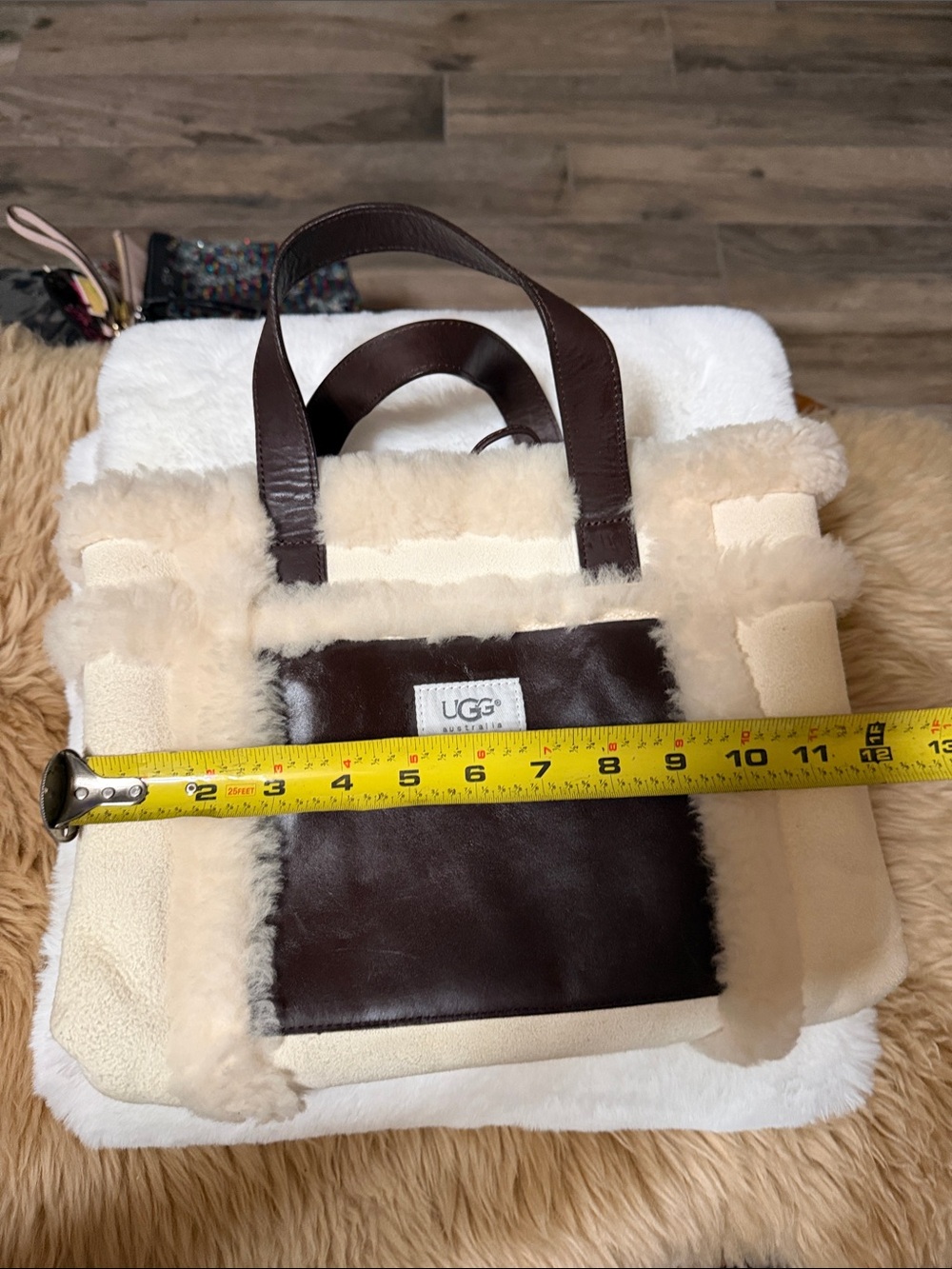 UGG Australia Tote Bag Fur Trimmed, Cream Color Suede w/ Brown Leather Front - Picture 9 of 10